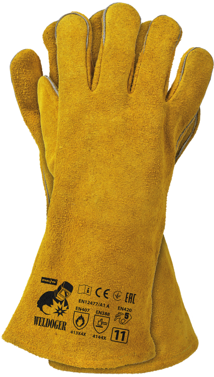Rękawice Spawalnicze ze Skóry Bydlęcej Szyte Nićmi Kevlar® WELDOGER (Długość 35 cm, Typ A, Biza, EN 12477 / EN 407 / EN 388)