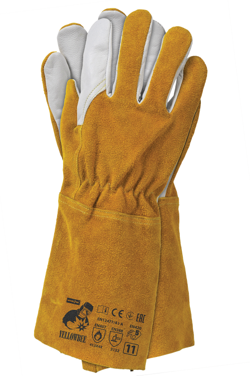 Rękawice Spawalnicze TIG ze Skóry Koziej Licowej i Miodowej Dwoiny YELLOWBEE (Nici Kevlar®, Długość 35 cm, Typ B, EN 12477 / EN 407 / EN 388)